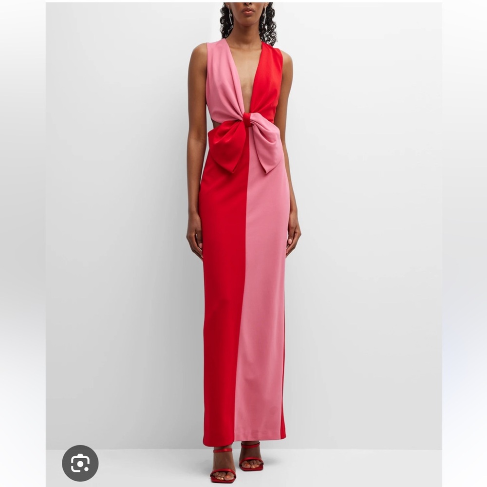 One33 Social Pink Colorblock Plunging Neckline Long Dress with Bow